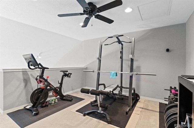 workout room featuring ceiling fan