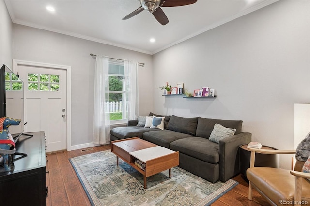 3429 N Adams St, Denver, CO 80205 - living area featuring plenty of natural light, hardwood / wood-style floors, a ceiling fan, ornamental molding, and recessed lighting