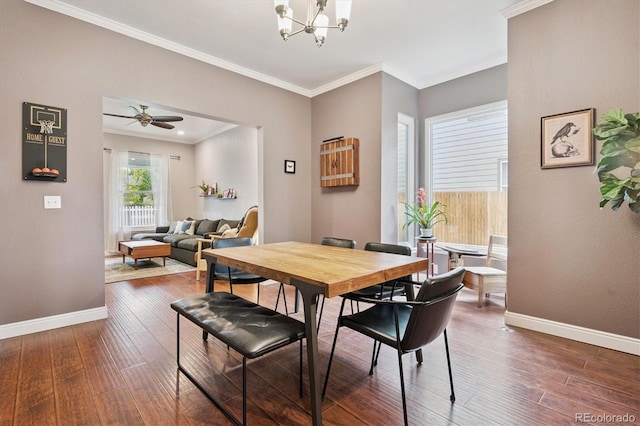 3429 N Adams St, Denver, CO 80205 - dining space featuring wood-type flooring, crown molding, a chandelier, and ceiling fan