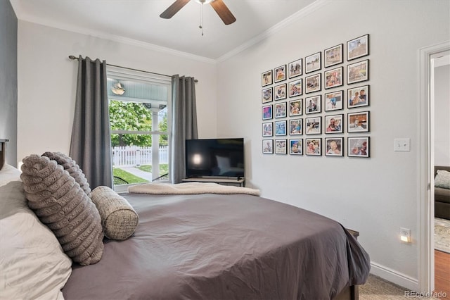 3429 N Adams St, Denver, CO 80205 - bedroom featuring crown molding, ceiling fan, access to exterior, and carpet