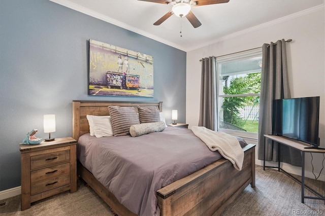 3429 N Adams St, Denver, CO 80205 - bedroom with carpet flooring, crown molding, and a ceiling fan