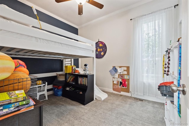 3429 N Adams St, Denver, CO 80205 - bedroom featuring ornamental molding, carpet flooring, and a ceiling fan