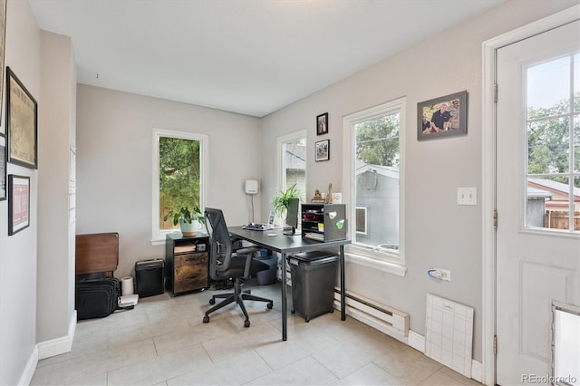 3429 N Adams St, Denver, CO 80205 - home office featuring a baseboard heating unit and light tile patterned floors