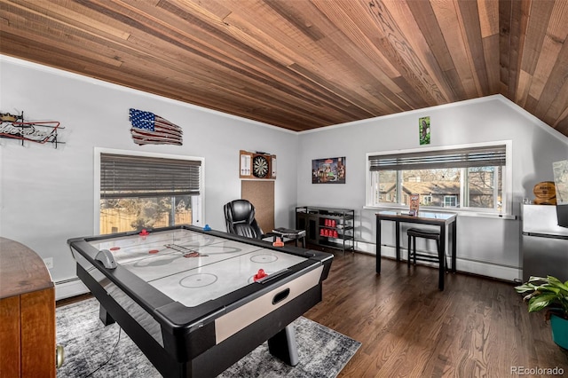 recreation room featuring a baseboard radiator, wood ceiling, vaulted ceiling, and wood finished floors