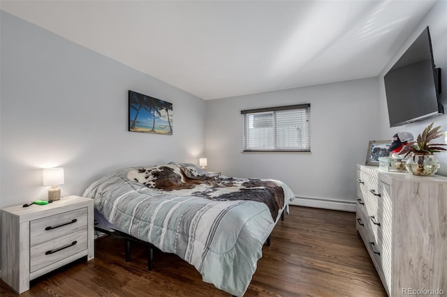 bedroom featuring dark wood-style floors and a baseboard radiator