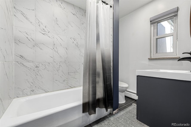 full bath featuring shower / bath combo with shower curtain, a baseboard radiator, vanity, and toilet