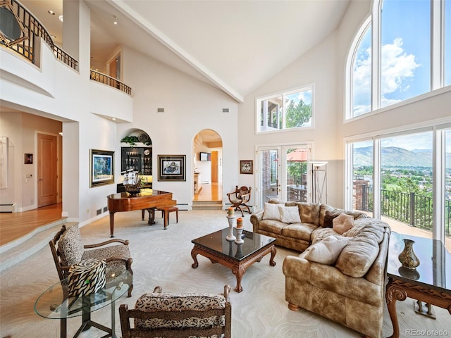 living room with high vaulted ceiling, light hardwood / wood-style floors, and a baseboard radiator