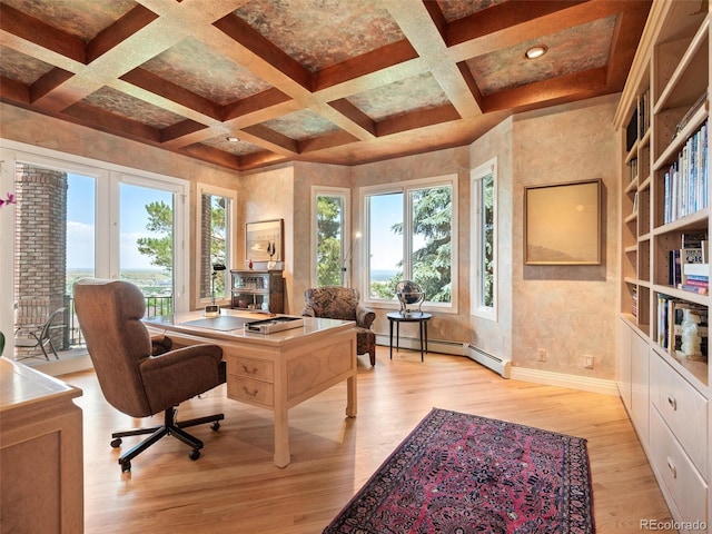 office area featuring light hardwood / wood-style floors, beam ceiling, a baseboard radiator, and coffered ceiling