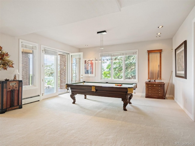 rec room with baseboard heating, billiards, and light carpet