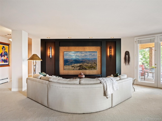 living area featuring french doors, light colored carpet, and baseboards