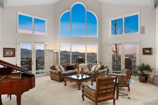 living area with a baseboard radiator, a mountain view, carpet flooring, visible vents, and french doors