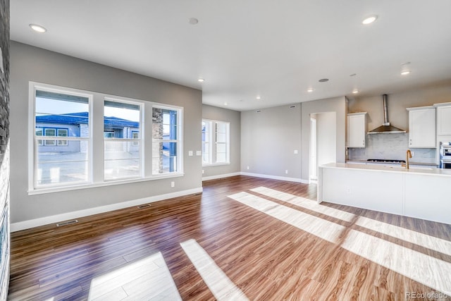 unfurnished living room featuring sink and wood-type flooring