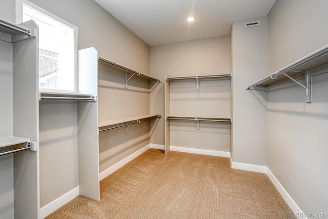 walk in closet with light carpet