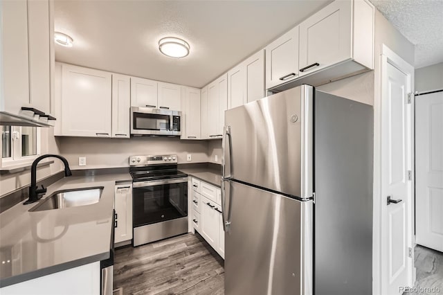 kitchen featuring white cabinets, dark hardwood / wood-style flooring, stainless steel appliances, and sink