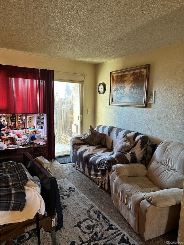 living room featuring a textured ceiling and carpet flooring