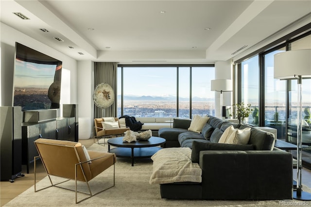 living room with a mountain view and light hardwood / wood-style flooring