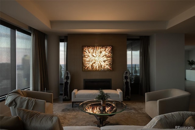 living room with a large fireplace