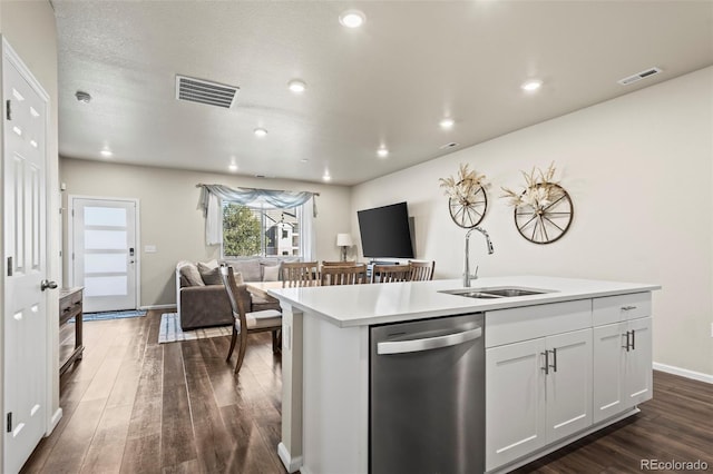 kitchen with visible vents, dark wood-type flooring, open floor plan, dishwasher, and a sink