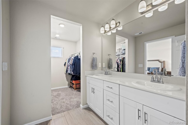 bathroom with double vanity, a spacious closet, baseboards, and a sink