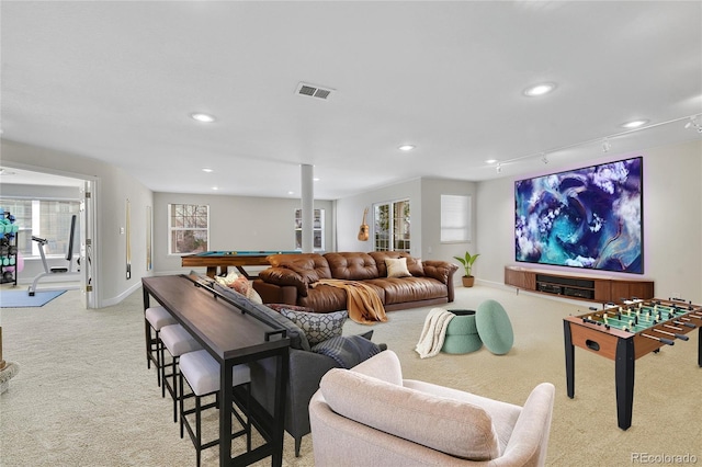 interior space featuring pool table, visible vents, recessed lighting, light carpet, and baseboards