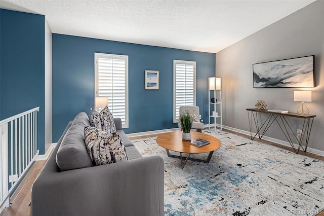 living room with baseboards, wood finished floors, and a textured ceiling