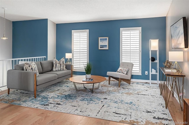 living room featuring baseboards, wood finished floors, and a textured ceiling