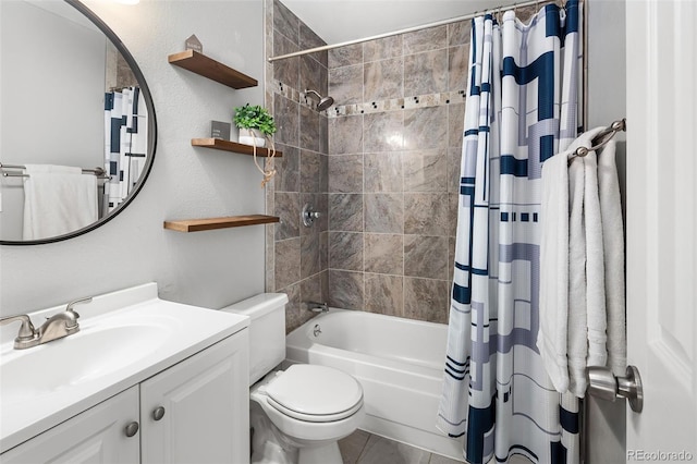 full bathroom featuring toilet, shower / bathtub combination with curtain, and vanity