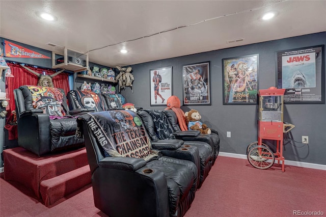 carpeted cinema with baseboards, visible vents, and recessed lighting