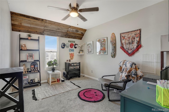 bedroom with ceiling fan, carpet floors, vaulted ceiling, and baseboards