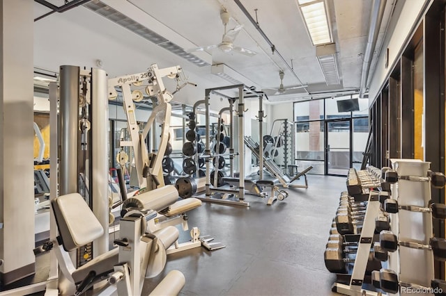 workout area featuring ceiling fan