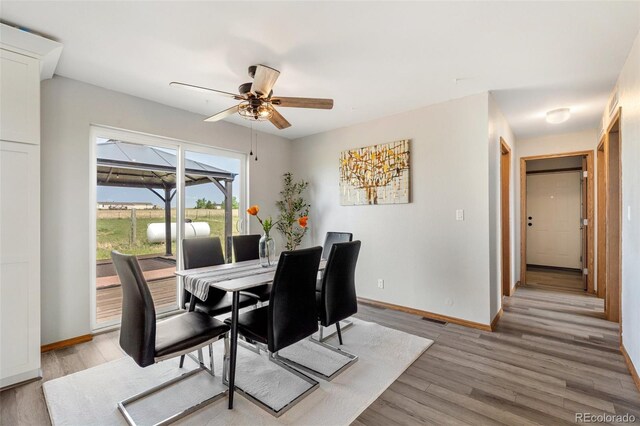 1134 Buffalo Run Rd, Calhan, CO 80808 - dining room with baseboards, ceiling fan, and light wood-style floors