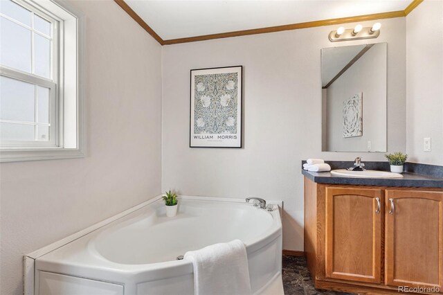 1134 Buffalo Run Rd, Calhan, CO 80808 - full bathroom featuring vanity, a garden tub, and ornamental molding