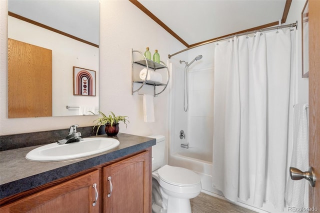 1134 Buffalo Run Rd, Calhan, CO 80808 - bathroom with toilet, vanity, shower / tub combo, and ornamental molding