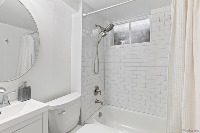 full bathroom with toilet, shower / bathtub combination with curtain, and vanity