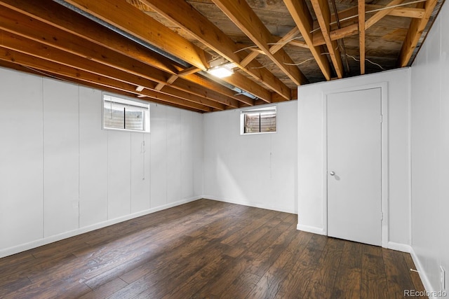 basement featuring dark hardwood / wood-style flooring