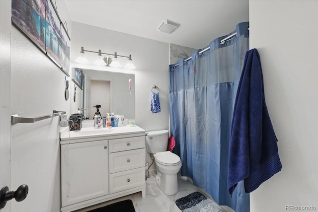 4058 Baytown Dr, Colorado Springs, CO 80916 - bathroom featuring toilet, a shower with shower curtain, visible vents, marble finish floor, and vanity