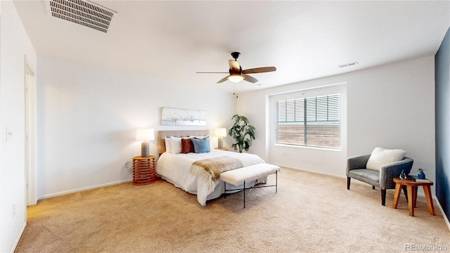 carpeted bedroom with ceiling fan