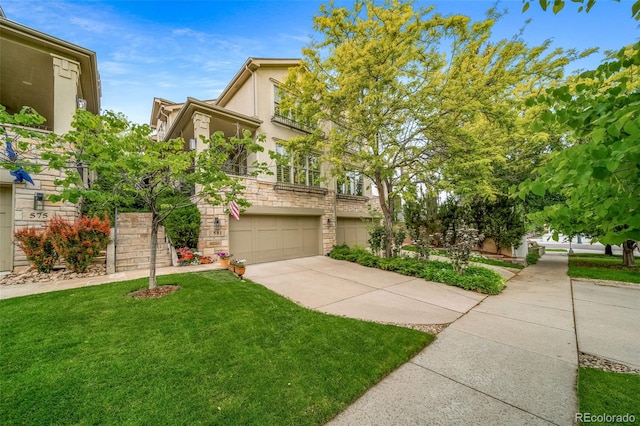 581 Garfield St, Denver, CO 80206 - view of front facade featuring stucco siding, a garage, concrete driveway, stairs, and a front yard