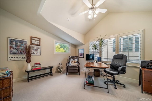 581 Garfield St, Denver, CO 80206 - office area with vaulted ceiling, carpet, and ceiling fan