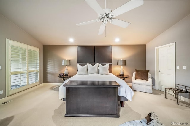 581 Garfield St, Denver, CO 80206 - bedroom featuring light colored carpet, vaulted ceiling, access to outside, recessed lighting, and ceiling fan