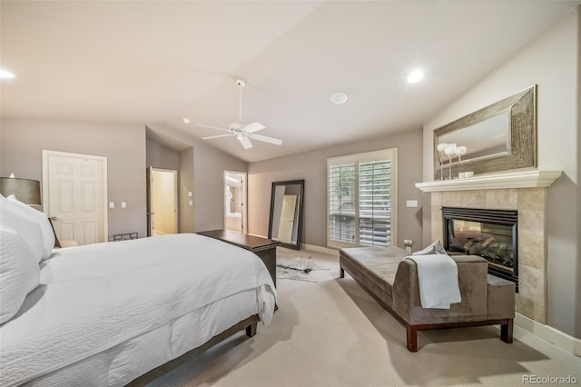 581 Garfield St, Denver, CO 80206 - bedroom featuring vaulted ceiling, a fireplace, light colored carpet, ceiling fan, and recessed lighting
