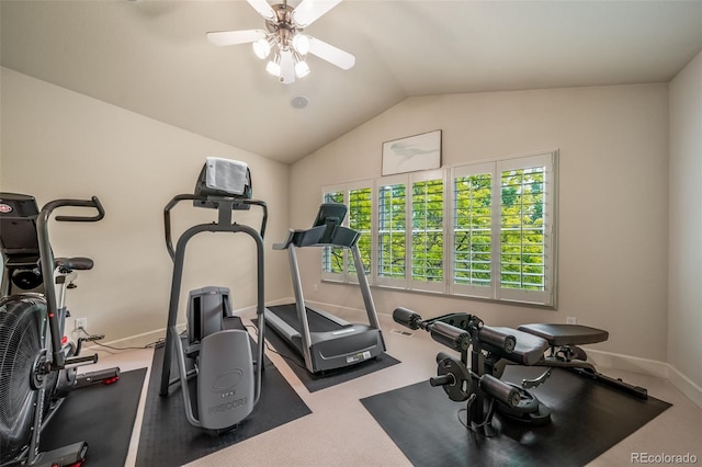 581 Garfield St, Denver, CO 80206 - workout area with vaulted ceiling, ceiling fan, and carpet