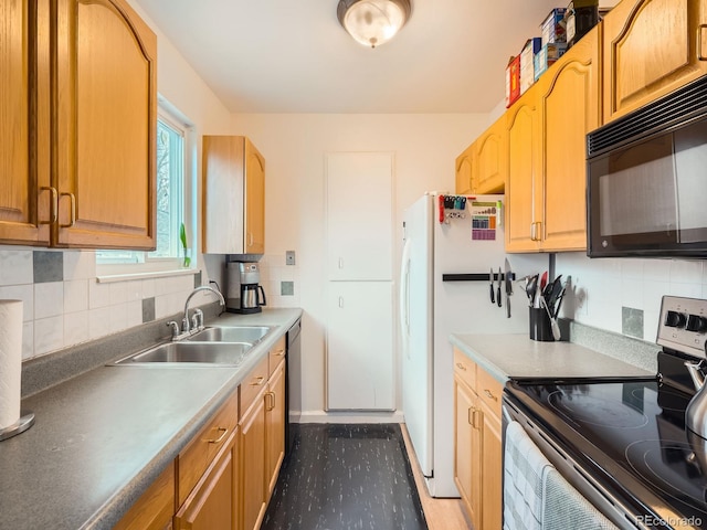 kitchen with black microwave, a sink, stainless steel electric range, decorative backsplash, and dishwasher