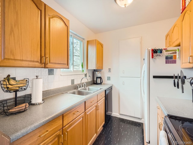 kitchen featuring black dishwasher, electric range, backsplash, and a sink