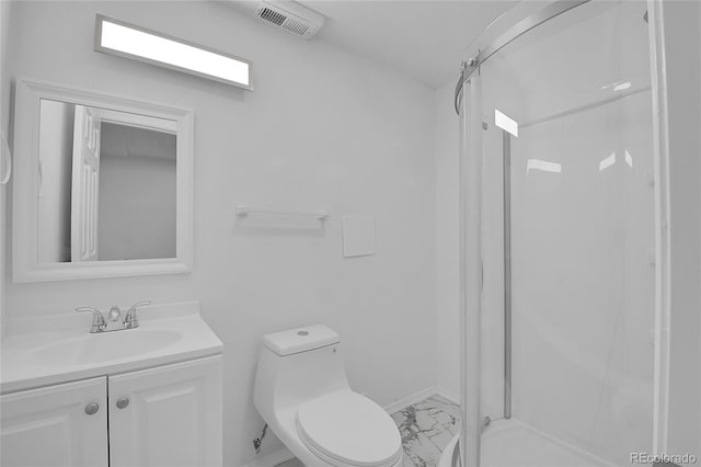 full bath with marble finish floor, visible vents, toilet, a shower stall, and vanity