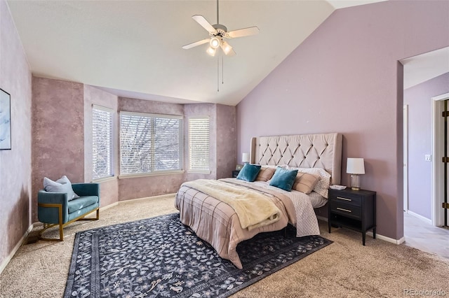 bedroom featuring vaulted ceiling, light colored carpet, and ceiling fan