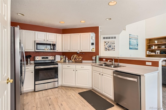 kitchen with appliances with stainless steel finishes, white cabinetry, sink, kitchen peninsula, and light hardwood / wood-style flooring