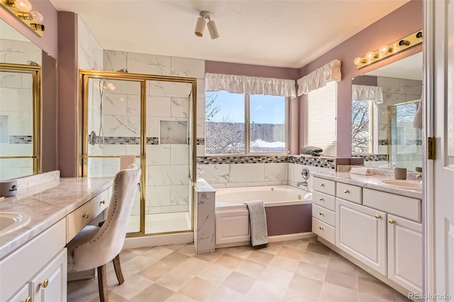 bathroom featuring vanity and plus walk in shower