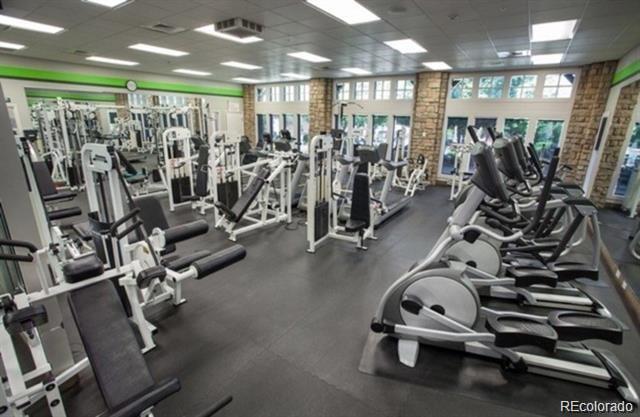 exercise room featuring visible vents and a paneled ceiling