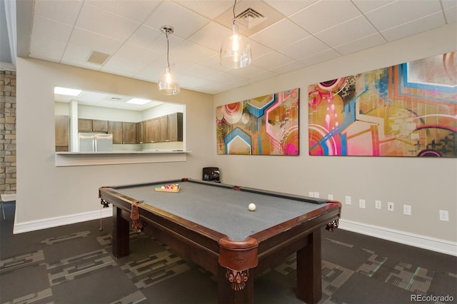 game room with billiards and a paneled ceiling